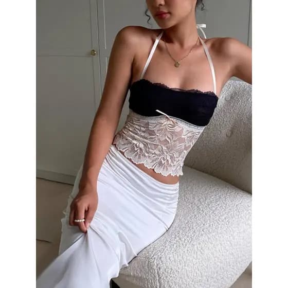 Top de palha colorido picante para meninas, camisola recortada, gola halter, cor combinando, top de renda para meninas q