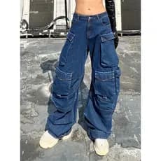 Calças jeans europeias americanas femininas calças jeans outono novo estilo cintura alta bolso grande solto Casual calça
