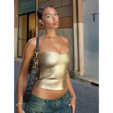 Roupas femininas europeias americanas 2026 verão novo estilo cor sólida Casual envolto peito dourado colete recortado Sl