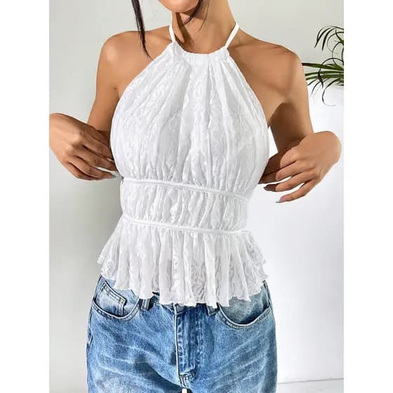 2026 verão Chiffon cor sólida em torno do pescoço plissado Halterneck colete feminino novo estilo Design volta Halter re