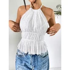 2026 verão Chiffon cor sólida em torno do pescoço plissado Halterneck colete feminino novo estilo Design volta Halter re