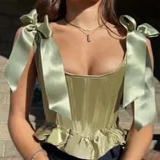 Europeu americano feminino novo estilo verão 2023 moda verde babados seda rendas cintura topo