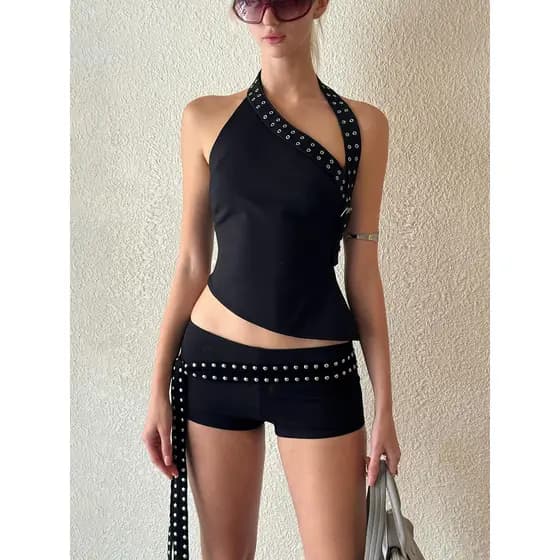2025 Europeu Americano Verão Transfronteiriço Novo Estilo Design de Moda Nicho Ombro Inclinado Slim-fit Top Shorts da Mo