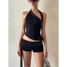 2025 Europeu Americano Verão Transfronteiriço Novo Estilo Design de Moda Nicho Ombro Inclinado Slim-fit Top Shorts da Mo