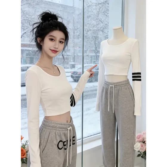 Primavera outono inverno feminino magro Super bonito estilo coreano pequeno topo 2026 Design sentido umbigo exposto mang