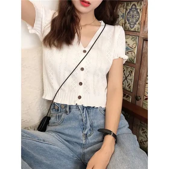 K camiseta de malha feminina verão estilo curto usar combinando calças de perna larga topo estilo fino ombro genuíno cin