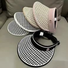 Houndstooth chapéu de sol oco topo feminino chapéu de palha proteção ultravioleta ao ar livre chapéu de sol carta chapéu