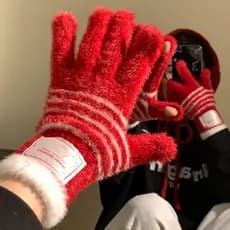 Vermelho listrado luvas de malha de pelúcia feminino inverno novo estilo engrossado tela de toque ciclismo quente à prov