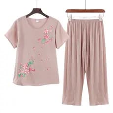 Terno de duas peças de linho de seda fino roupas verão 60 mãe idosa Casual de manga curta feminino 70 avó terno 80 anos