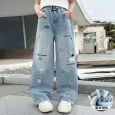 Meninas Jeans primavera novo estilo médio grande crianças estilo ocidental calças de perna larga meninas gatos bordados