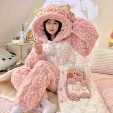 · Pijama acolchoado de três camadas de lã Coral feminino outono inverno forro de lã engrossado camisola com capuz roupão