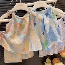 Verão pintura a óleo estilo novo estilo suspender terno meninas suspender Culottes terno de duas peças influenciador beb