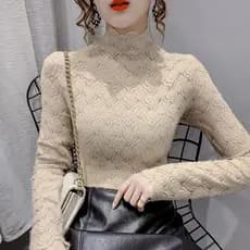 Meia gola alta renda camisa de fundo feminina 2025 outono inverno novo estilo em camadas pequena camisa fio líquido moda
