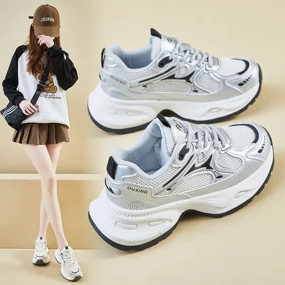 Prata esportes papai sapatos femininos 2026 novo estilo primavera cinza All-Match sola grossa aumentando sapatos feminin