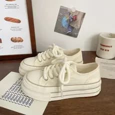 Creme sapatos de lona de sola grossa feminino estilo fino verão novo estilo ins nicho na moda versão coreana plataforma