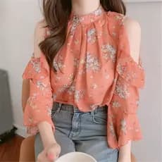 2026 novo estilo primavera Design sentido nicho esquemas fora do ombro Floral Chiffon camisa feminina manga trompete fin
