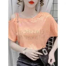 2026 novo estilo verão camiseta topo feminino versão coreana solto All-Match temperamento ombro oblíquo quente diamante