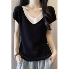 Camiseta de manga curta ombro topo falso de duas peças com decote em V capa barriga estilo ocidental tamanho grande verã