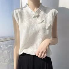 Estilo novo estilo chinês verão novo estilo oco elo de corrente fina malha topo estilo nacional gola alta abotoado seda