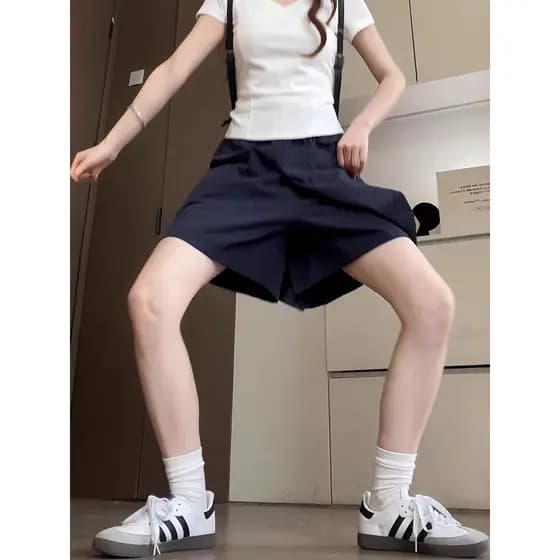 Macacão azul marinho Culottes feminino verão estilo fino tamanho grande gordura mm cintura alta solta mais magro olhar a