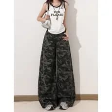 Tamanho grande americano High Street camuflagem macacão Jeans feminino primavera novo estilo gordura mm solto Drape em l