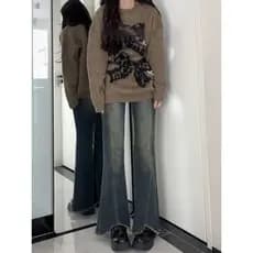 Tamanho grande dividido desgastado ligeiramente queimado Jeans feminino primavera novo estilo gordura mm elástico mais m