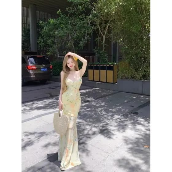 Estilo de férias atado Halter cinta vestido feminino verão saia Floral quente menina cintura estreita Fishtail saia Hip-