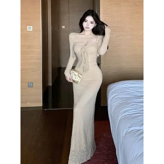 Puro desejo quente menina Design atado estilingue vestido feminino primavera outono temperamento fino-ajuste mais magro