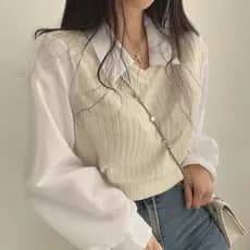 Coreia chique primavera outono Retro nicho camisa francesa costura lapela Bloomer manga falso de duas peças curto malha
