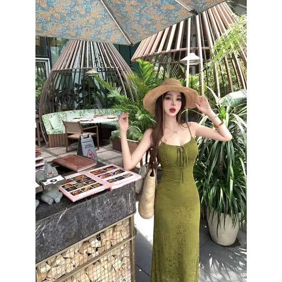 Estilo de férias Retro Jacquard estilingue vestido feminino verão cintura estreita saia verde quente menina Hip-embalado