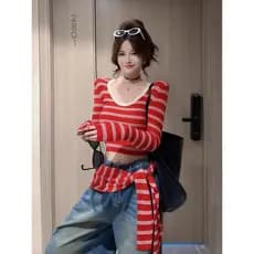 Estilo coreano moda estilo fora da cintura Design curto com decote em V contraste cor listras de manga comprida outono C