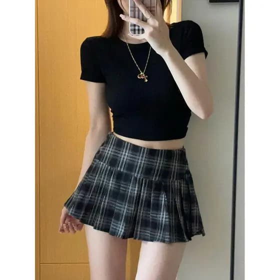 Americano Retro xadrez saia feminina pequena saia xadrez quente menina cintura alta saia plissada Mini saia curta a linh
