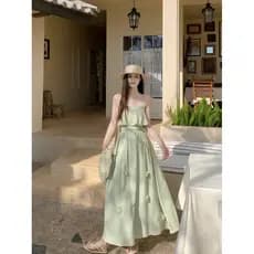 Kumikumi francês estilo suave verde nicho redução de idade vestido estilingue feminino verão cintura estreita temperamen