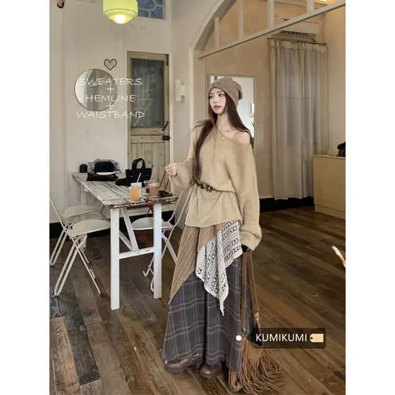 Retro terno Design Irregular manga comprida sem alças malhas topo feminino verão saia de cintura alta terno de duas peça