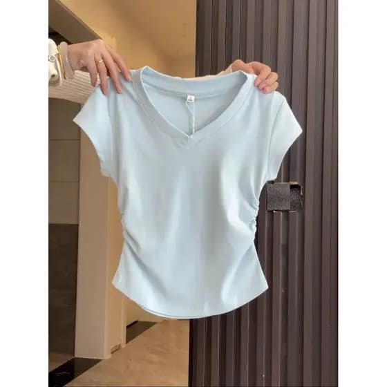 All-Match com decote em V manga curta enrugado cintura estreita mais magro olhar azul camiseta feminina verão fino ajust