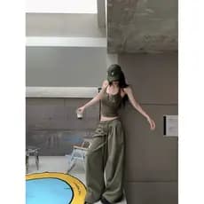 Doce legal quente menina camisola terno feminino verão cintura baixa cordão calças casuais soltas calças de perna larga