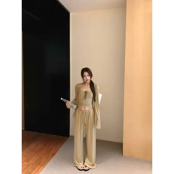 Kumikumi caseiro cor sólida Cardigan jaqueta feminina camisola interna verão cintura elástica calças casuais conjunto de