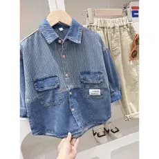 Camisa jeans infantil costura listrada algodão puro bebê topo moda primavera outono roupas infantis versão coreana menin