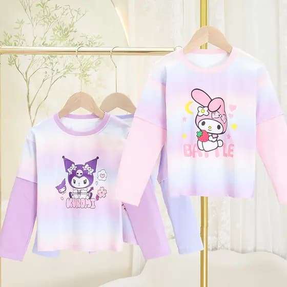 2025 outono novo estilo meninas camiseta de manga comprida moda topo meninas falso de duas peças primavera outono estilo