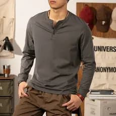 Americano Retro de manga comprida henry camisa gola aberta cara resistente exterior usar fino henry colarinho camisa de