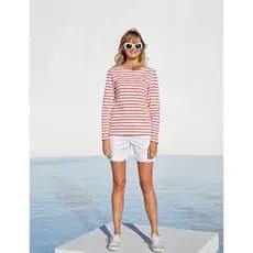 Exportado para o Reino Unido Polo Cut Label Vermelho Branco Listras Horizontais Algodão Puro Gola Redonda Manga Tornozel