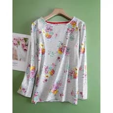 Britânico Polo corte etiqueta puro algodão grosso impresso listras florais de manga comprida camiseta feminina Plus Size