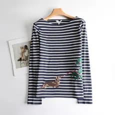 Camiseta britânica Polo Cut Label Indústria Pesada Bordado Natal Dachshund Listrada de Manga Comprida