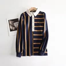 Polo britânico contraste cor costura listrado camisa polo meia carcela lapela topo feminino manga longa solta tamanho gr