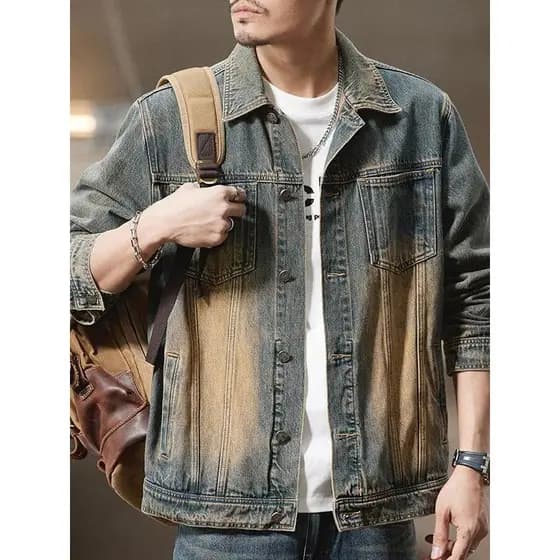 Americano na moda Denim jaqueta masculina outono inverno lavado angustiado Retro amarelo lama cor rufião bonito ferramen