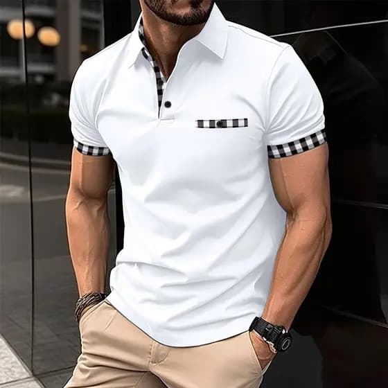 2025 verão camisa polo esportiva masculina europeu americano solto tamanho grande xadrez camisa polo bolso lapela manga