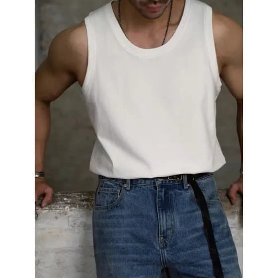 Americano Retro puro algodão macacão colete masculino High-End solto sem mangas camiseta baixo pescoço treinamento de Fi