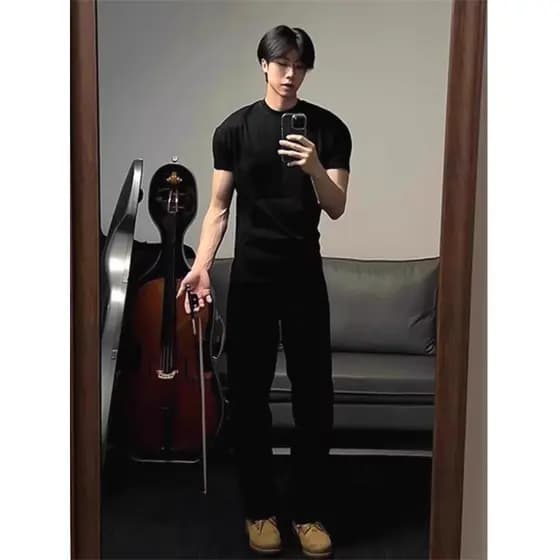 Camiseta masculina de algodão de seda gelada vulcânica, cor sólida, tensão apertada, estiramento, três pontos, curto