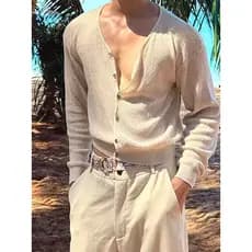 Cardigan de malha de linho Tencel estilo dinheiro antigo masculino moldar apertado manga comprida gaze protetor solar bl