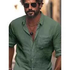 Camisa de trabalho de linho de algodão verde masculina europeu americano respirável manga comprida protetor solar Cardig